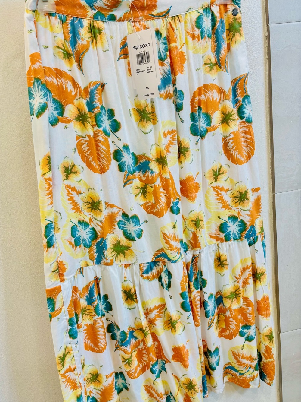 Roxy White Floral Maxi Skirt with Orange & Teal Blooms